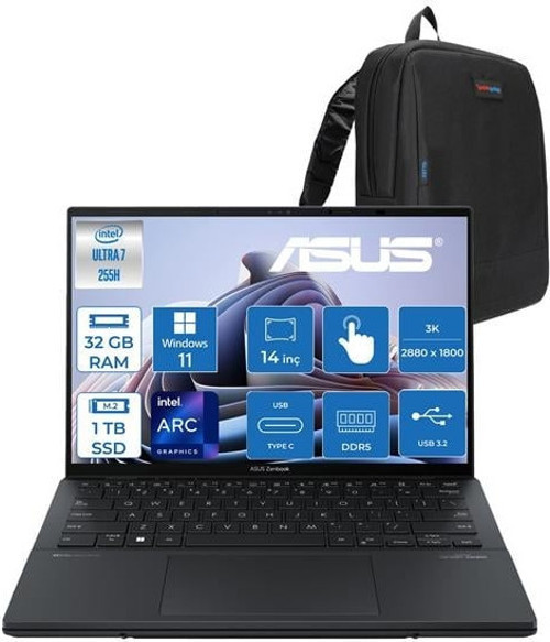 Zenbook Duo Intel Core Ultra 7 255H 32GB Ddr5 1tb SSD Intel Arc Graphics WIN11PRO 14" 3k OLED 120Hz 500NITS Dokunmatik Taşınabilir Bilgisayar UX8406CAP02 + Zettaçanta