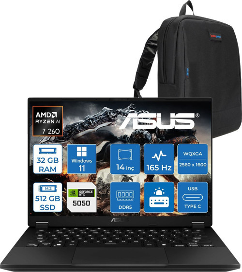 Tuf Gaming A14 FA401UH Amd Aı Ryzen 7 260 32GB Ddr5 512GB SSD 8GB/RTX5050 115W 14-Inch, 165Hz 2.5k (2560 x 1600, 400NITS Wqxga WIN11HOME Gaming Laptop ZRG02H02+ZETTAÇANTA
