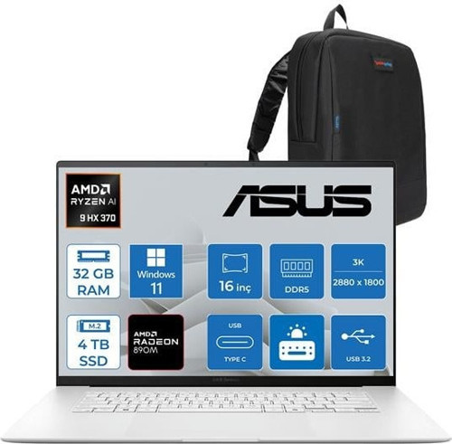 Zenbook S16 Ryzen Aı 9 Hx 370 32GB Ddr5 4tb SSD Amd Radeon 890M WIN11PRO 16" 3k OLED 120Hz 500NITS Taşınabilir Bilgisayar UM5606WATP04 + Zettaçanta