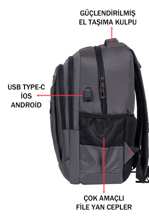 Dada Unisex Gri Okul Sırt Çantası Büyük Boy Usb Type-C Su Geçirmez Oxford Kumaş Lise Üniversite 3
