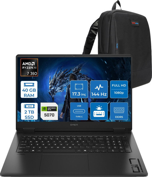 Omen 17-DB1005NT Amd Ryzen Aı 7 350 40GB Ddr5 2tb SSD RTX5070 8gb Gddr7 17.3 Inç Fullhd (1920 x 1080) 144Hz 7ms 300NITS IPS Freedos Taşınabilir Bilgisayar C67G2EAF21 + Zetta Çanta