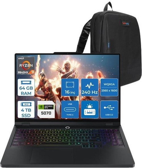 Legion Pro 5 16ADR10 Amd Ryzen 9 8940HX 64GB Ddr5 4tb SSD 8GB/RTX50700/115W 16" Wqxga IPS 500NITS 240Hz Windows 11 Pro Taşınabilir Bilgisayar 83LT0046TRH24 + Zettaçanta
