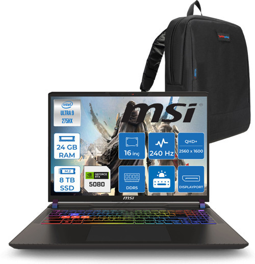 Vector 16 Intel Core Ultra 9 275HX 24GB 4tb + 4tb SSD RTX5080 16GB Tdp 175W Gddr7 Freedos 16" Qhd+ 240Hz Taşınabilir Bilgisayar A2XWIG090XTRF10 + Zetta Çanta