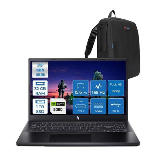 Nitro ANV15-52 Intel Core I9 13900H 32GB 1tb SSD 8GB/RTX5060/75W 15.6" Fhd IPS 165Hz Freedos Taşınabilir Bilgisayar NHQZAEY004F10 + Zettaçanta