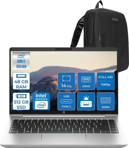 Probook 440 G10 Intel Core I7 1355U 48GB 512GB SSD Iris® Xe Graphics Freedos 14" IPS Fullhd (1920X1080) 250NITS Taşınabilir Bilgisayar 968L9ETF27 + Zetta Çanta