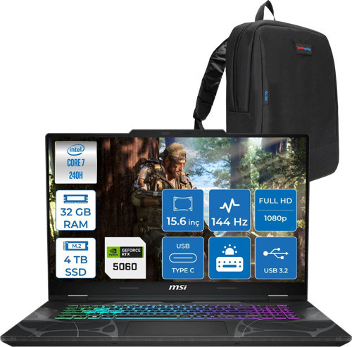 Cyborg 15 Intel Core 7 240H 32GB Ddr5 4tb SSD RTX5060 Gddr7 8gb Freedos 15.6" Fhd (1920X1080) 144HZ Taşınabilir Bilgisayar B2RWFKG208XTRF15 + Zetta Çanta