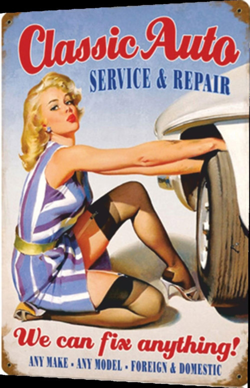 Klasik Oto Tamir Pin Up Kızı Retro Ahşap Poster 20x30