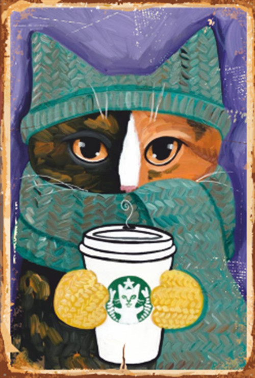 Kahve İçen Kedi Yağlıboya Retro Ahşap Poster 20x30