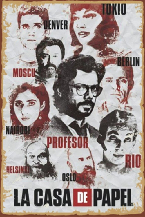 La Casa De Papel Tüm Kadro Retro Ahşap Poster 20x30
