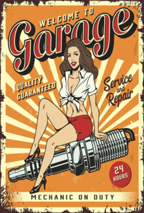 Pin Up Kızı Garajıma Hoş Geldin Retro Ahşap Poster 20x30