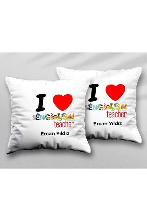Art hedi̇ye Kişiye Özel I Love English Teacher Kalp iki Tarafı Baskılı Yıkanabilir Kırlent Kılıfı