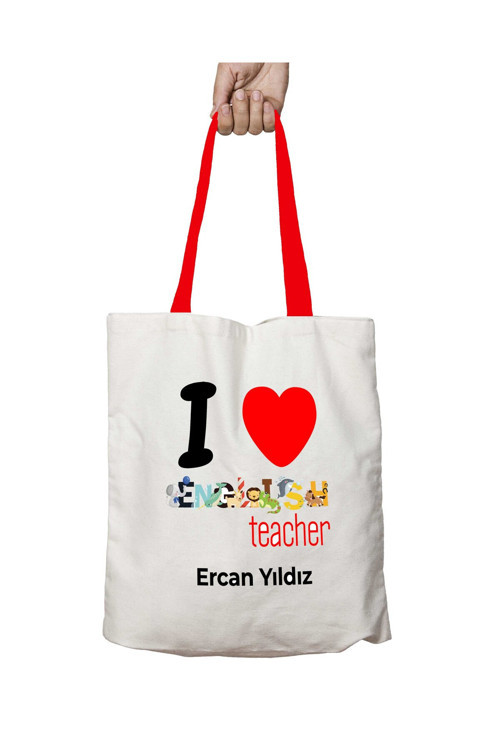 Art hedi̇ye Kırmızı Kulplu Kişiye Özel I Love English Teacher Yıkanabilir Omuz Çanta