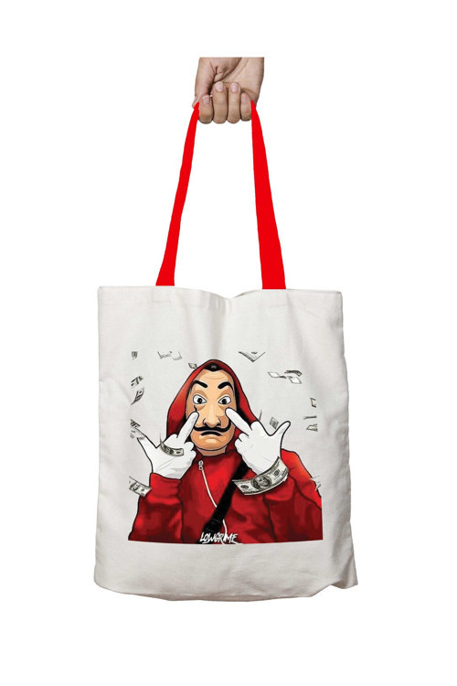 Art hedi̇ye Kırmızı Kulplu La Casa De Papel - Robber Showing The Middle Finger And Money Yıkanabilir Omuz Çanta