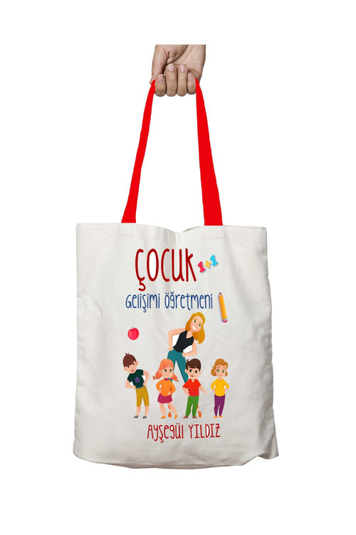 Art hedi̇ye Kırmızı Kulplu Kişiye Özel Çocuk Gelişimi Öğretmeni Yıkanabilir Omuz Çanta