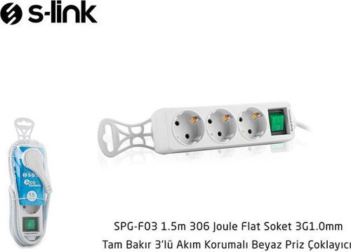 SPG-F03 1.5m 306 Joule Flat Soket 3G1.0mm Tam Bakır 3 lü Akım Korumalı Priz Çoklayıcı