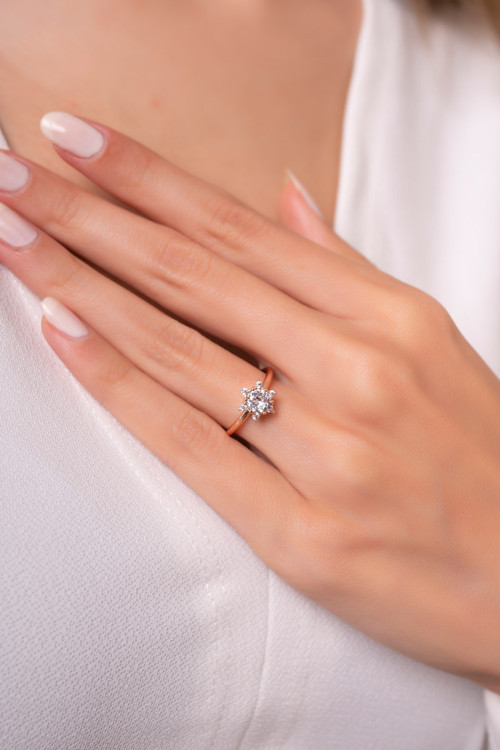 Çiçek Motifli Tek Taş Ayarlanabilir 14 K Rose Gold Kaplama Kadın Yüzük
