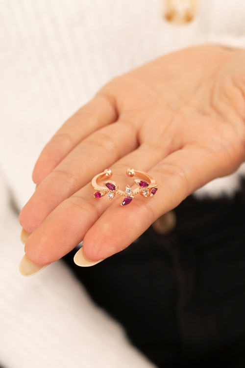Taşlı Sarmaşık Fuşya Ayarlanabilir 14 K Rose Altın Kaplama Kadın Yüzük