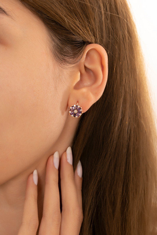 Felisya Çiçeği Mor Taşlı 14 K Rose Gold Kaplama Kadın Küpe