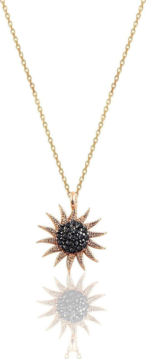 Güneş Model Siyah Taşlı 14k Rose Gold Kaplama Kadın Kolye