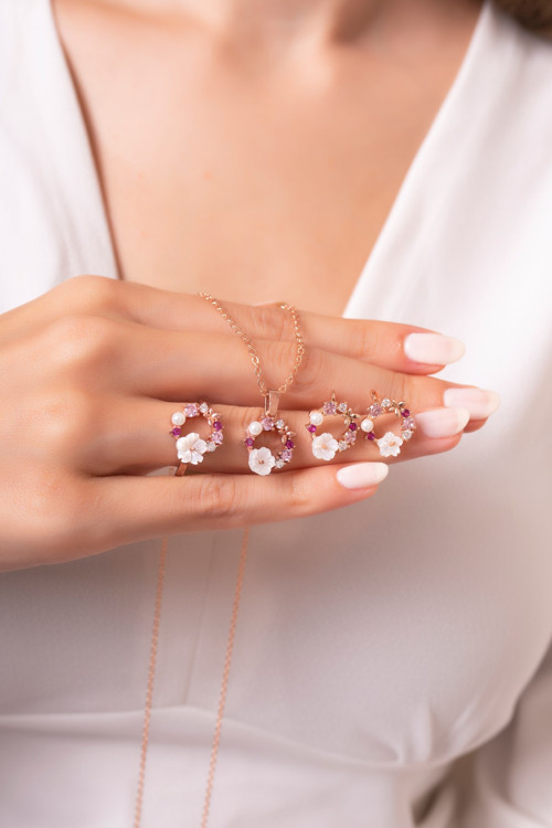 Orkide Küpe/yüzük/kolye 3'lü Ayarlanabilir 14 K Rose Gold Kaplama Kadın Set