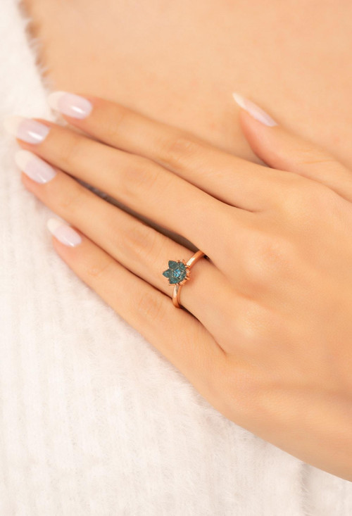 Lotus Çiçeği Mavi Zirkon Taşlı 14 K Rose Gold Kaplama Kadın Yüzük