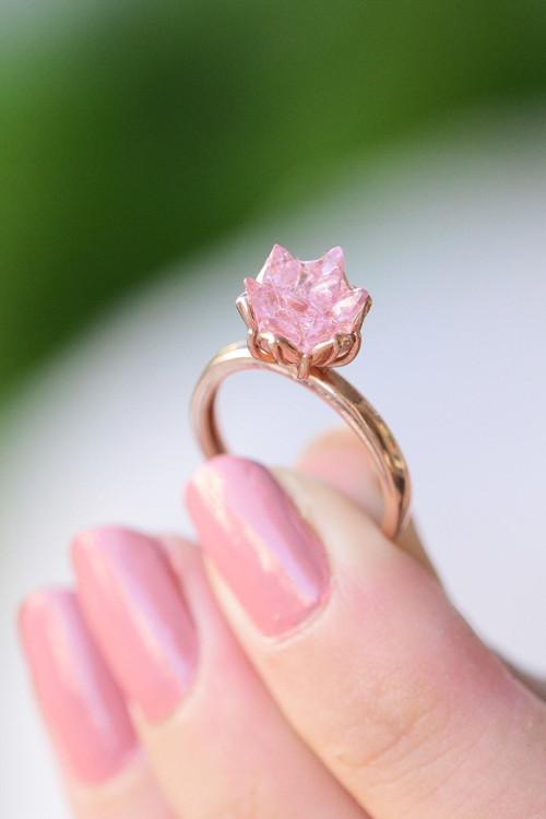 Kadın 14k Rose Altın Kaplama Pembe Zirkon Taşlı Lotus Çiçeği Yüzük