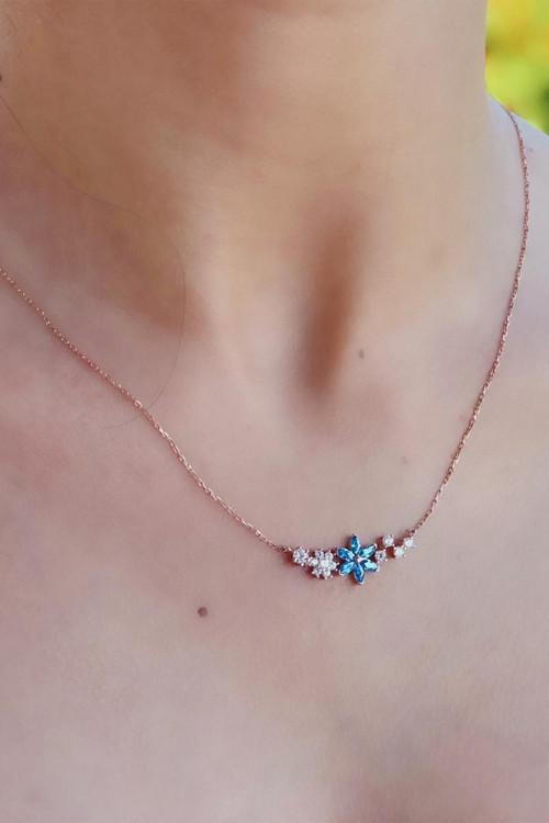 Lotus Gümüş Unutma Beni Çiçeği 14 K Rose Altın Kaplama Kadın Kolye