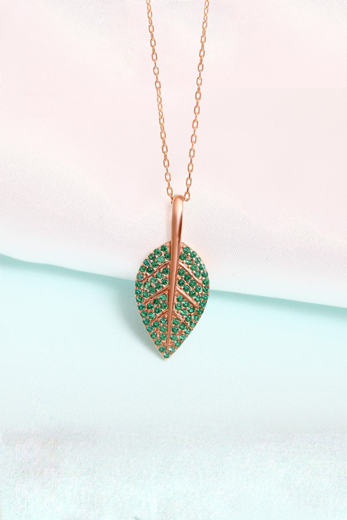 Lotus Gümüş Zeytin Yaprağı Motifli 14 K Rose Altın Kaplama Kadın Kolye