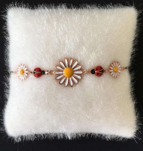 14k Rose Gold Kaplama Papatya Ve Uğur Böcek Desenli Kadın Bileklik