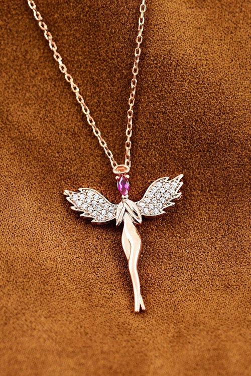 Melek Model Fuşya Taşlı 14 K Rose Altın Kaplama Kadın Kolye