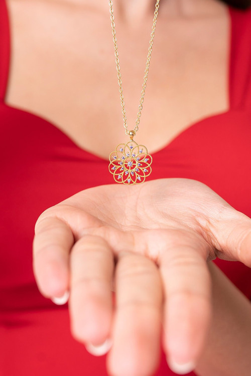 Yaşam Çiçeği Mor Taşlı 14K Gold Kaplama Kadın Kolye