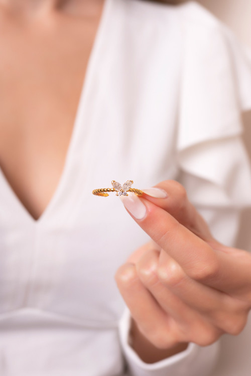 Kelebek Motifli 14k Gold Kaplama Ayarlanabilir Ölçü Kadın Yüzük