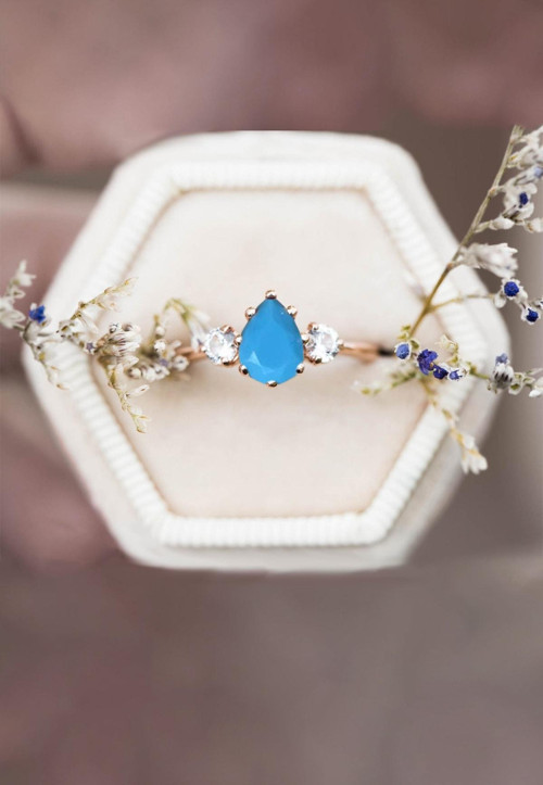 Mistik Topaz Mavi Firuze Taşlı Ayarlanabilir 14 K Rose Altın Kaplama Kadın Yüzük