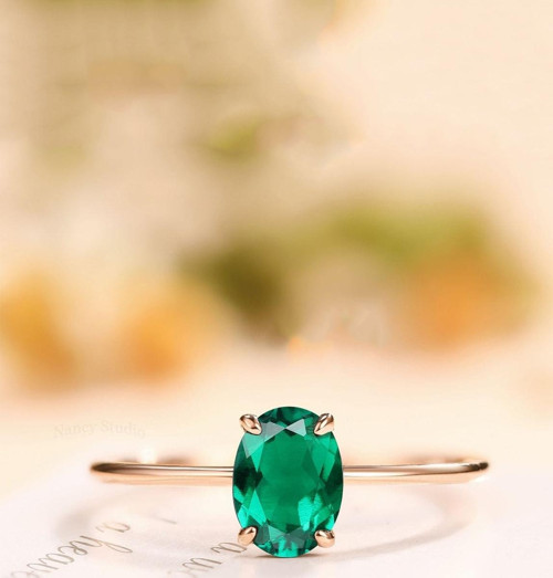 Oval Dişli Model Yeşil Zirkon Taşlı 14 K Rose Altın Kaplama Kadın Yüzük