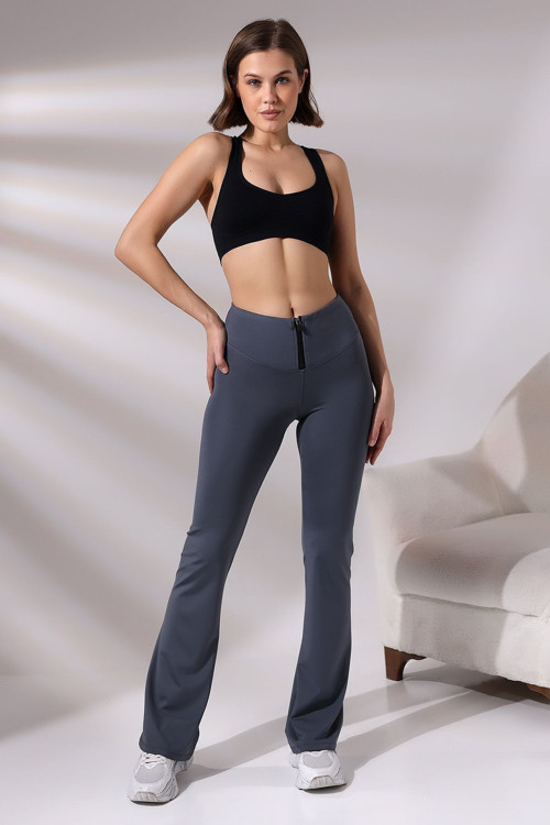 Gri Kadın Fermuarlı İspanyol Paça Spor Tayt Sıkılaştırıcı Toparlayıcı Sporcu Bootcut Leggings