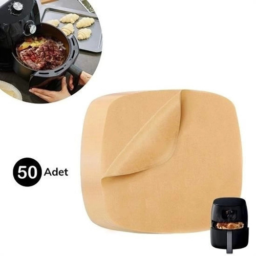 50 Adet Air Fryer Pişirme Kağıdı Tek Kullanımlık Yağ Su Geçirmez Yapışmaz Deliksiz Düz Kare Model