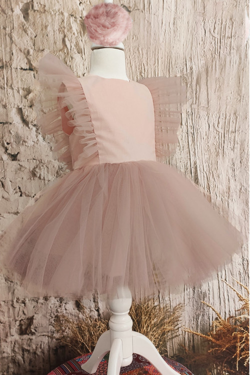 Kız Çocuk Tül Detaylı Pudra Pembe Tütü Elbise Bandana Takım Doğum Günü Elbisesi 8 Yaş Pembe