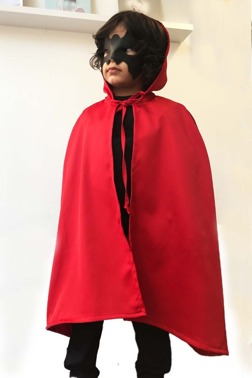 Unisex Kırmızı Cadılar Bayramı Kapişonlu Pelerin Ve Maske Takım 1 Yaş Kırmızı