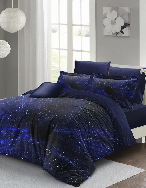 Çift Kişilik Nevresim Takımı Sık Dokuma Pamuk Saten 3d Özel Tasarım Blue Nıght