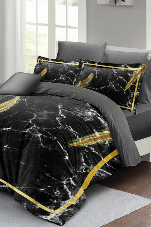 Nevresim Takımı Çift Kişilik 3d Pamuk Saten Dark Marble