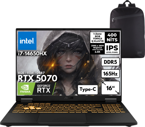 Tuf F16 I7-14650HX 40-GBDDR5 1 TBSSD RTX5070 (8GB-115W-GDRR7) 16" WQXGA 165Hz Windows 11 Home + HMF Sırt Çantası FX608JPR-QT070HMF37