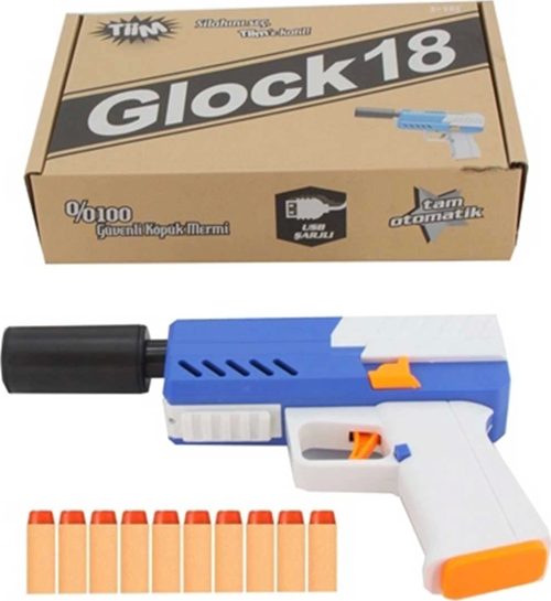 Tiim Pilli Şarjlı Susturuculu Köpük Dart Atan Mavi Blaster Kız Erkek Çocuk Oyuncak Eğitici Oyuncakla