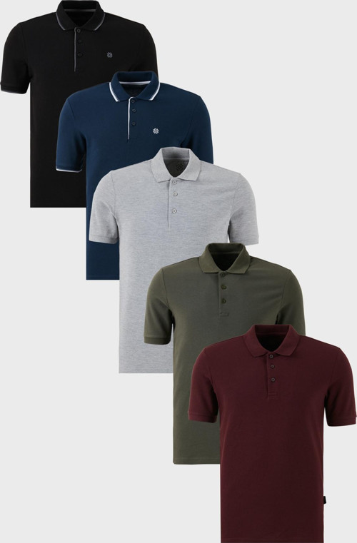 Pamuklu Regular Fit Düğmeli Polo Yaka 5'li Paket Erkek T Shirt 590211827S5 Siyah-Haki-İndigo-Vişne-Gri Melanj