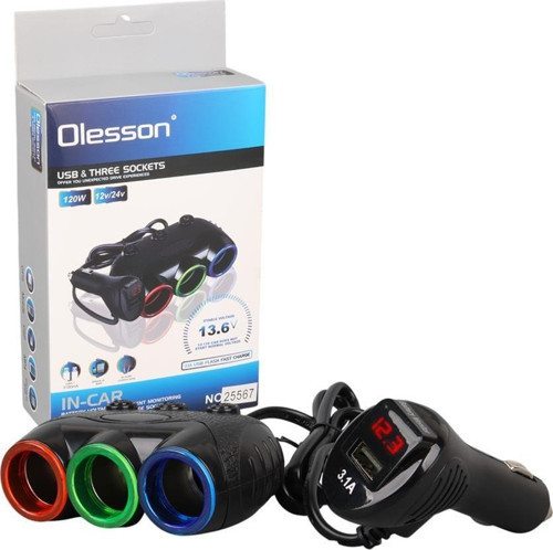 Olesson 1633 12-24V 3Lü Usbli 120W 80Cm Kablolu Dijital Ekranlı Araç Çakmak Çoklayıcı