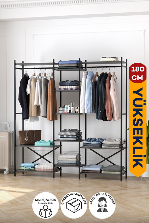 10 Raflı Metal Gardırop Metal Portmanto Açık Gardırop Elbise Dolabı Vestiyer Openix Antrasit