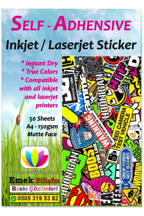 Inkjet Ve Laser Yapışkanlı Mat (Sticker) Kağıdı 50 Adet A4 Sticker