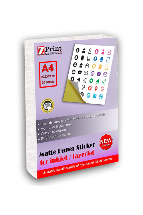 Inkjet Ve Lazer Tüm Yazıcılarla Uyumlu Mat Yapışkanlı Sticker Etiket Kağıt A4 20 Yaprak