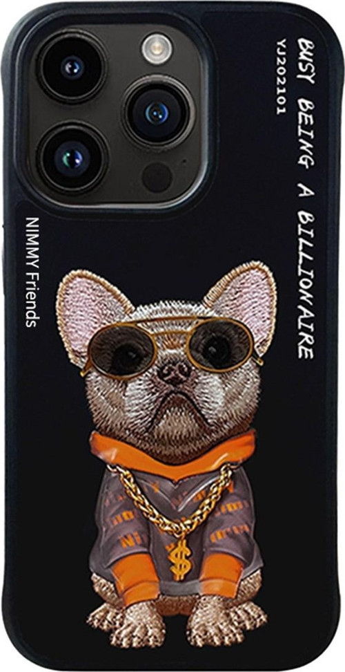 iPhone 15 Pro Max Uyumlu Dog Serisi Nakış işlemeli Gözlük Detaylı Kılıf Siyah