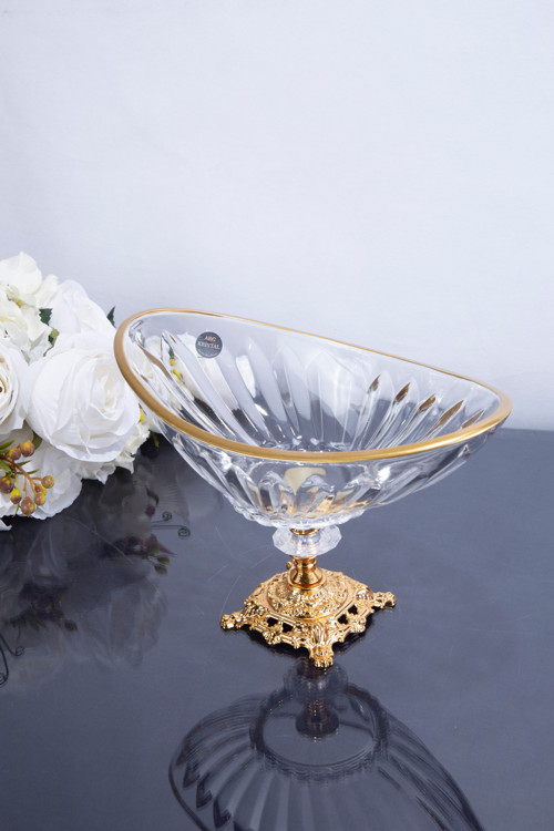 Metal Ayaklı Gold Detaylı Gondol Meyve Salata Kasesi - Şekerlik Kristal Delüx 26X15X15 Cm Küçük Boy