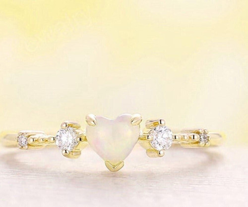 Minimal Kalp Beyaz Taşlı Ayarlanabilir Kadın 14 K Gold Altın Kaplama Yüzük